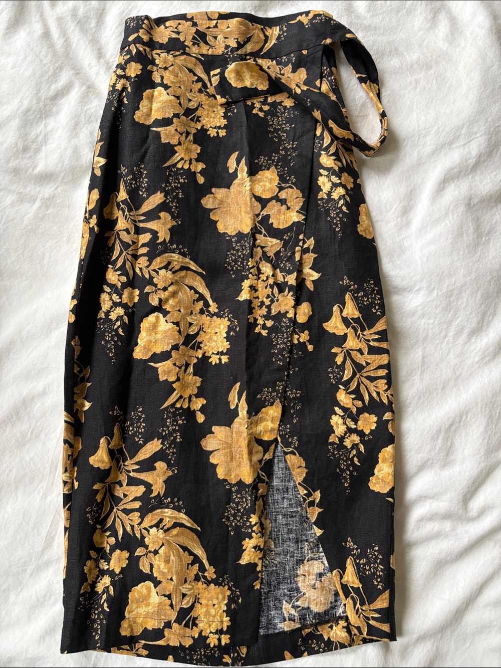 Reformation Linen Black & Gold Floral Wrap Midi Skirt
